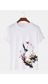 Mens Bird   Plum Bossom Print Short Sleeve Cotton T  Shirts