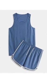 3 Colors Mens Solid Color Sleeveless Drawstring Shorts Two Piece Home Casual Pajama Set