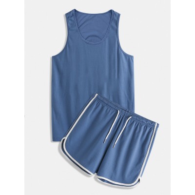 4 Colors Mens Solid Color Sleeveless Drawstring Shorts Two Piece Home Casual Pajama Set
