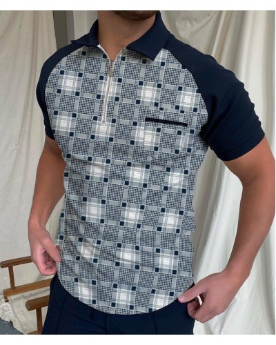 Men's fashionable color block plaid short sleeves HF0406-03-03