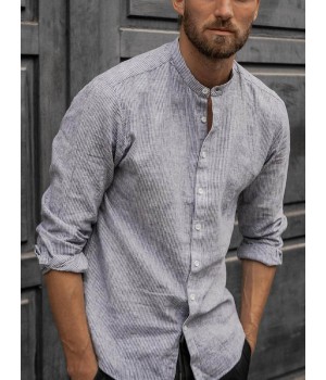 Men's loose sleeve cotton and linen shirt with stand collar HF0902-03-01