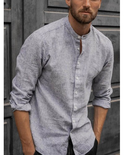 Men's loose sleeve cotton and linen shirt with stand collar HF0902-03-01