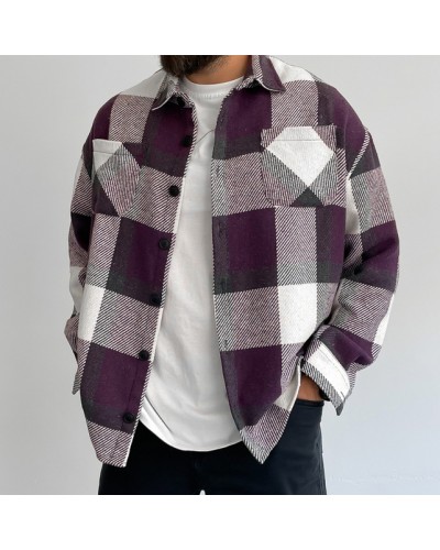 Men's plaid thickened long sleeve shirt jacket HF0210-03-03