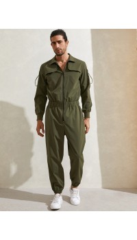 Mens Zipper Up Lapel Collar Leisure Jumpsuit