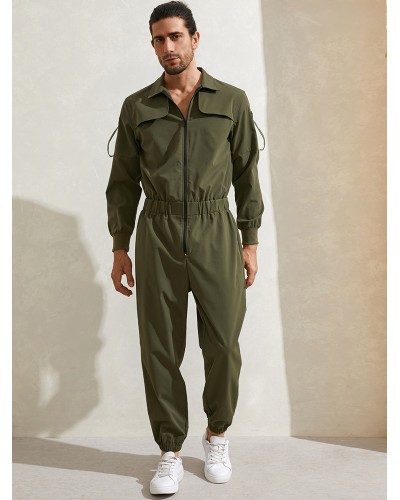 Mens Zipper Up Lapel Collar Leisure Jumpsuit