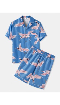 Men Chinese Style Crane Print Pocket Luxury Faux Silk Pajama Sets