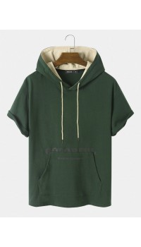 Mens Letter Print Kangaroo Pocket Cotton Short Sleeve Hooded T  Shirts