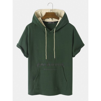 Mens Letter Print Kangaroo Pocket Cotton Short Sleeve Hooded T  Shirts