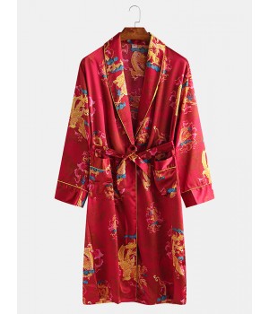 Mens Long Sleeve Silk Bathrobe Nightdress Sleepwear