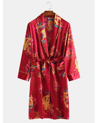 Mens Long Sleeve Silk Bathrobe Nightdress Sleepwear