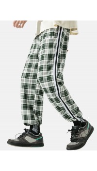 Men Plaid Drawstring Side Ribbon Preppy Pockets Pants