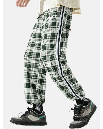 Men Plaid Drawstring Side Ribbon Preppy Pockets Pants