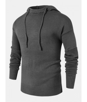 Mens Solid Color Design Cut Out Sleeve Kitted Hooded Sweaters