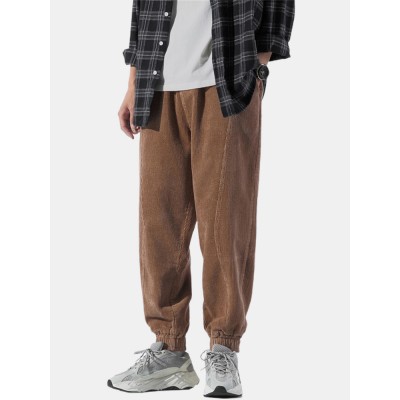 Mens Corduroy Seam Detail Solid Color Drawstring Elastic Cuffed Pants