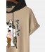 Mens Cute Cat Japanese Print Short Sleeve Drawstring Hooded T  Shirts