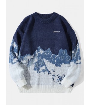 Men Knitted Landscape Mountain Snow Pullover Loose Casual Sweaters