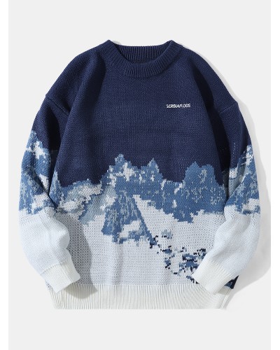 Men Knitted Landscape Mountain Snow Pullover Loose Casual Sweaters