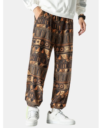 Mens Corduroy Ethnic Style Print Drawstring Casual Pants