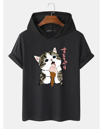 Mens Cute Cat Japanese Print Short Sleeve Drawstring Hooded T  Shirts