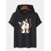 Mens Cute Cat Japanese Print Short Sleeve Drawstring Hooded T  Shirts