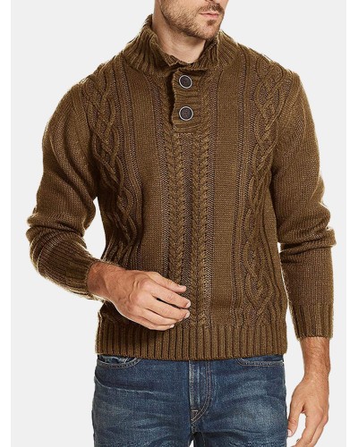 Men Cable Knit Lapel Button Solid Pullover Casual Sweaters