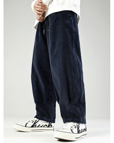 Mens Corduroy Drawstring Casual Wide Leg Pants With Pocket