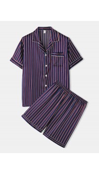 Mens Striped Smooth Revere Collar Pocket Button Up Home Faux Silk Pajama Set