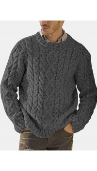 Men Solid Cable Knit Round Neck Casual Pullover Sweaters