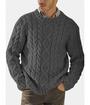 Men Solid Cable Knit Round Neck Casual Pullover Sweaters