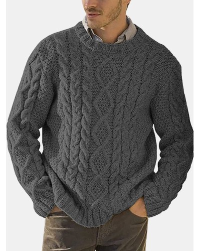 Men Solid Cable Knit Round Neck Casual Pullover Sweaters