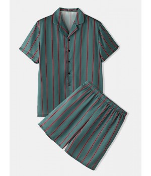 Mens Striped Revere Collar Short Sleeve Home Casual Faux Silk Pajama Set