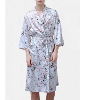 5 Patterns Mens Floral Print Longs Sleeve Home Smoth Pajama Robe