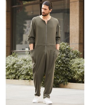 Men Loose Long Sleeve Onsie Solid Color Trousers