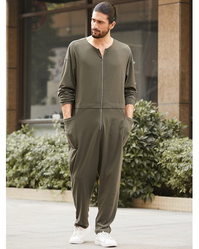 Men Loose Long Sleeve Onsie Solid Color Trousers