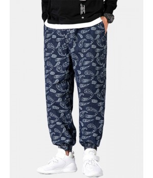 Mens Paisley Print Drawstring Ethnic Style Jogger Pants With Pocket