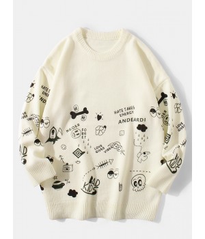 Mens Cute Cartoon Print Round Neck Long Sleeve Knitted Pullover Sweaters