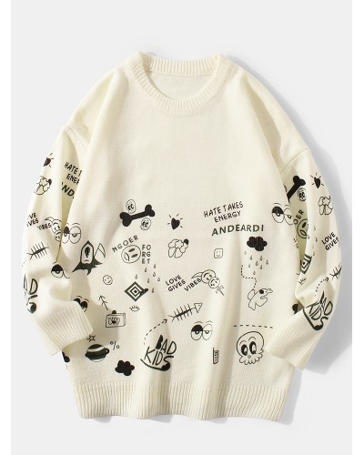 Mens Cute Cartoon Print Round Neck Long Sleeve Knitted Pullover Sweaters