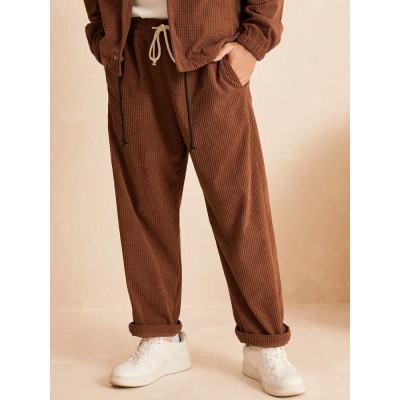 Men Corduroy Solid Loose Straight Drawstring Waist Casual Pants