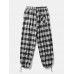 Men Plaid Drawstring Side Ribbon Preppy Pockets Pants