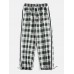 Men Plaid Drawstring Side Ribbon Preppy Pockets Pants